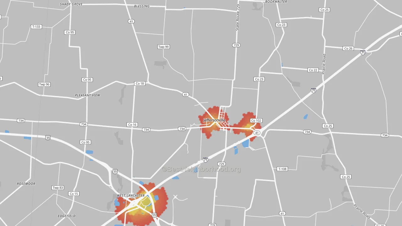 Walk Grade map of 43128, OH, walkable areas in green and car-dependent areas in red