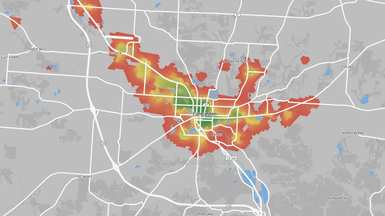 Walk Grade map of 43130, OH, walkable areas in green and car-dependent areas in red