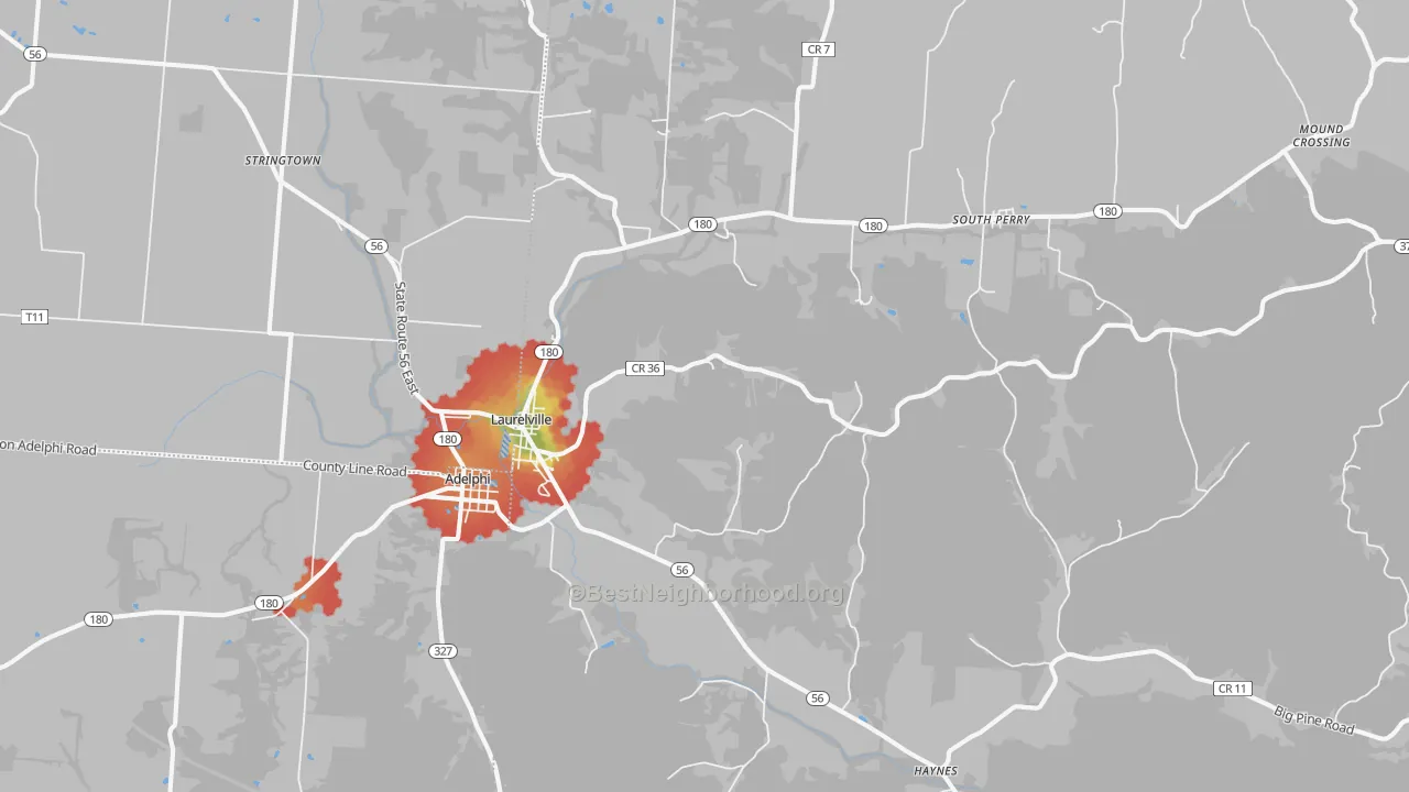 Walk Grade map of 43135, OH, walkable areas in green and car-dependent areas in red
