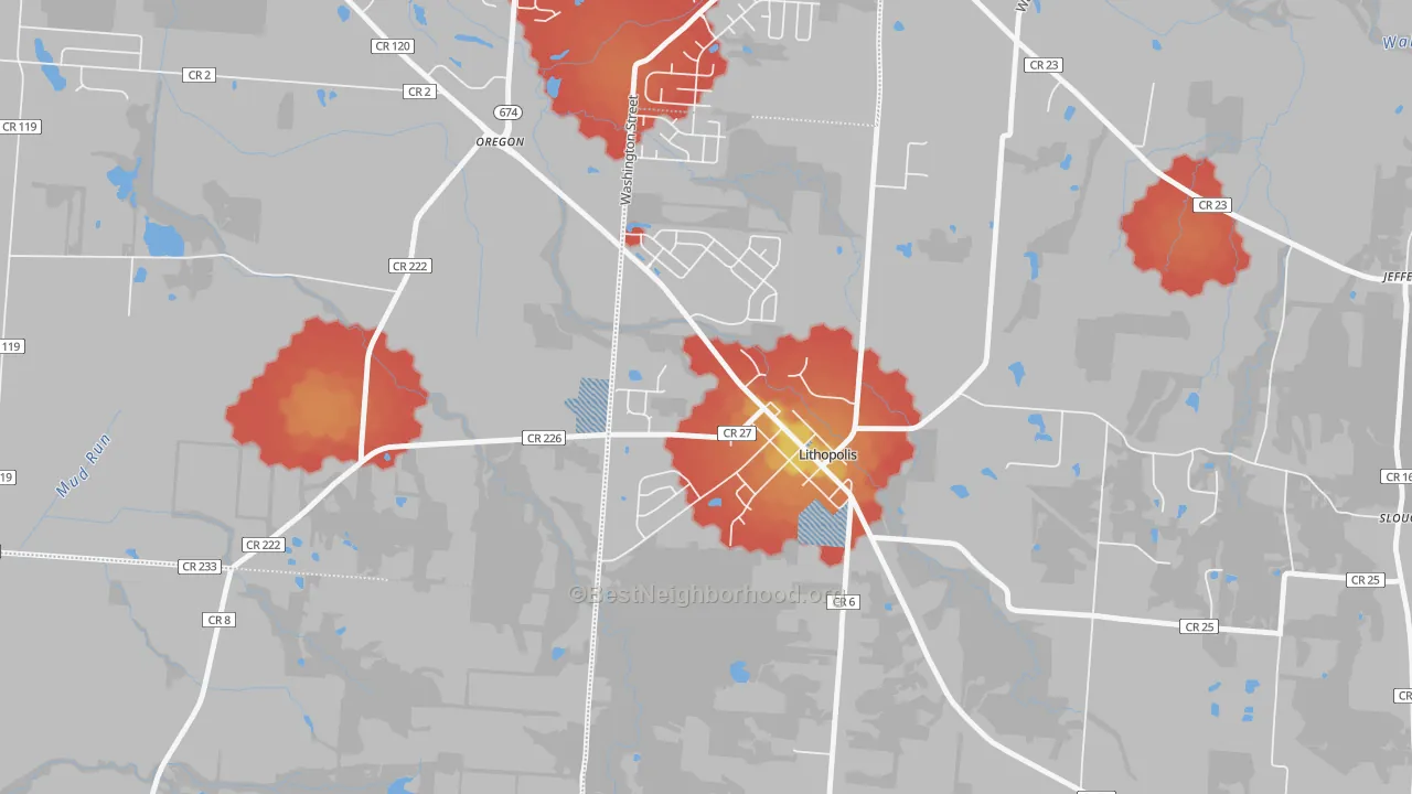 Walk Grade map of 43136, OH, walkable areas in green and car-dependent areas in red