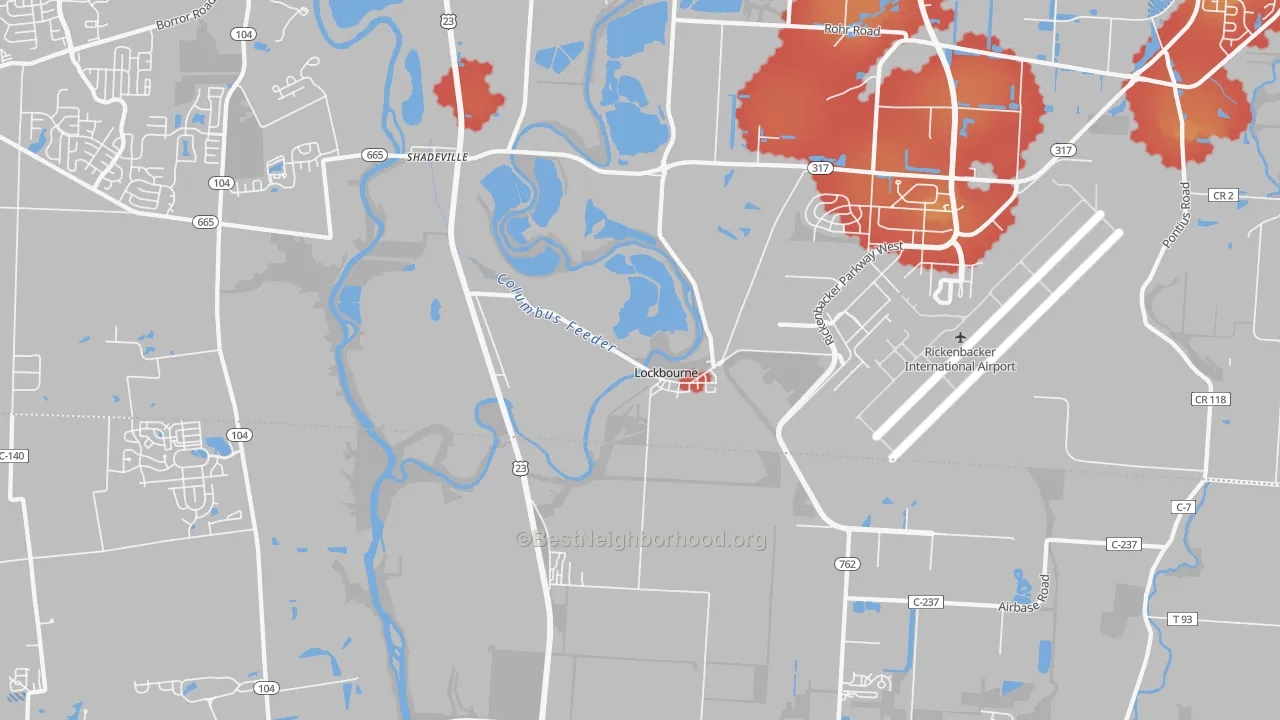 Walk Grade map of 43137, OH, walkable areas in green and car-dependent areas in red