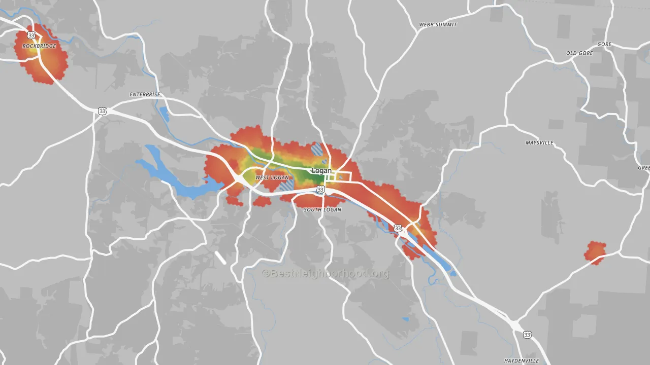 Walk Grade map of 43138, OH, walkable areas in green and car-dependent areas in red
