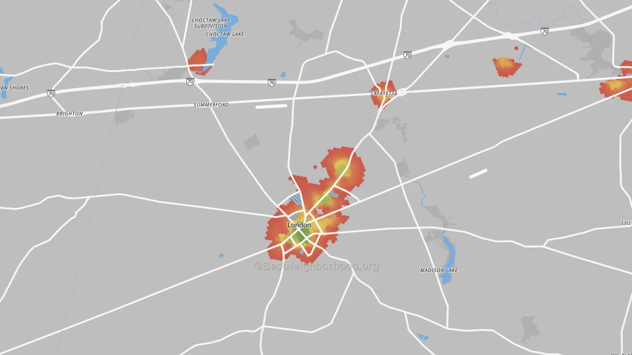 Walk Grade map of 43140, OH, walkable areas in green and car-dependent areas in red