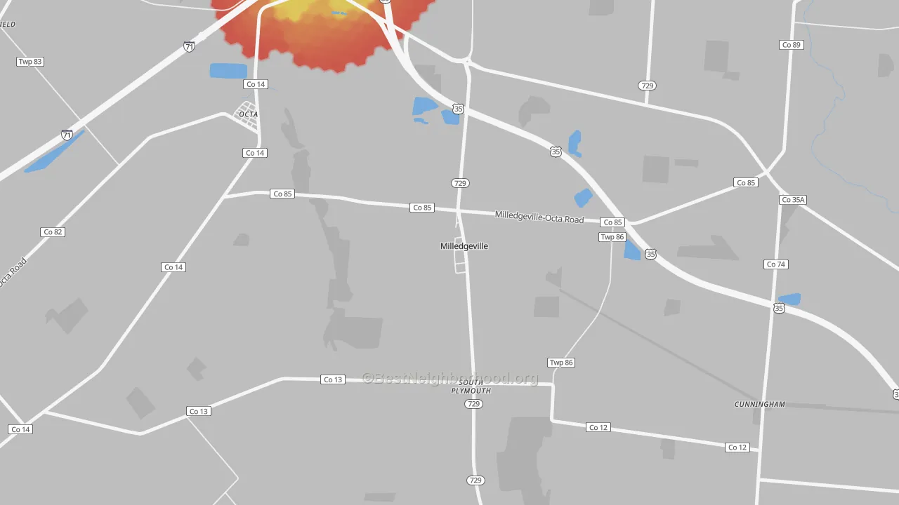 Walk Grade map of 43142, OH, walkable areas in green and car-dependent areas in red