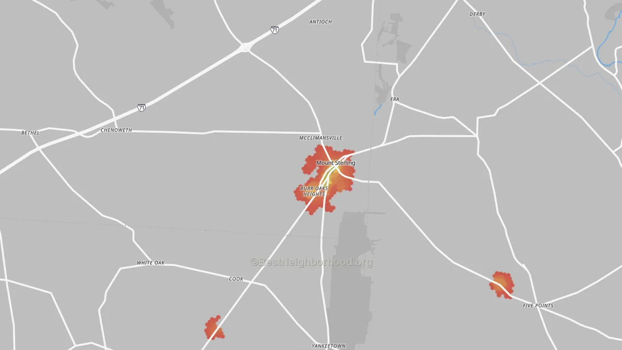 Walk Grade map of 43143, OH, walkable areas in green and car-dependent areas in red