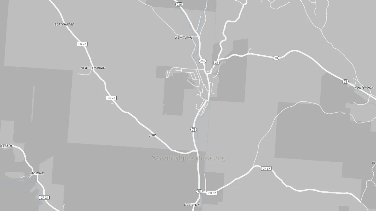 Walk Grade map of 43144, OH, walkable areas in green and car-dependent areas in red