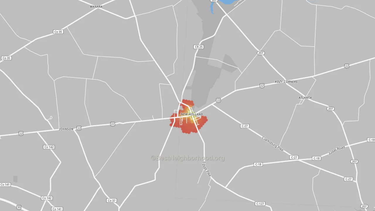 Walk Grade map of 43145, OH, walkable areas in green and car-dependent areas in red