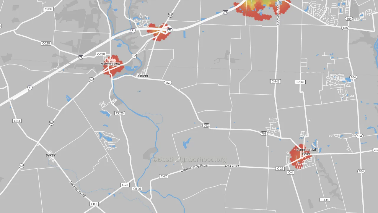 Walk Grade map of 43146, OH, walkable areas in green and car-dependent areas in red