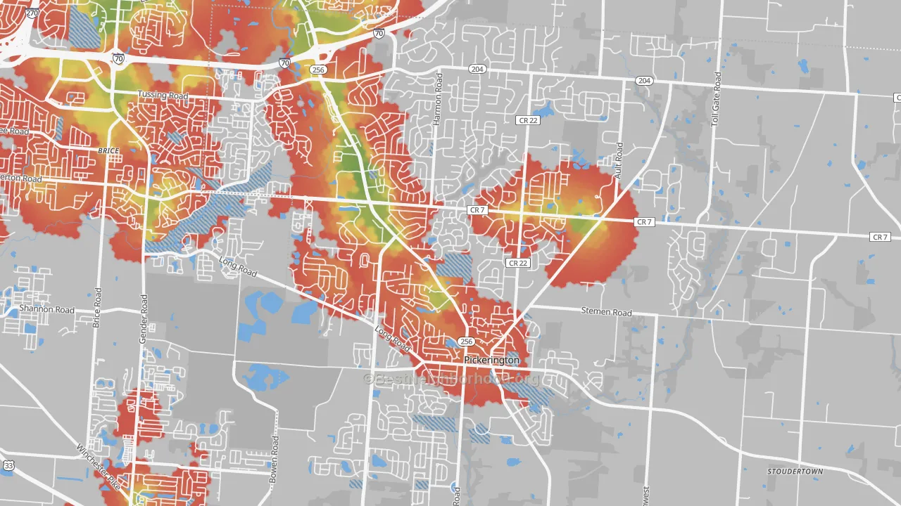 Walk Grade map of 43147, OH, walkable areas in green and car-dependent areas in red