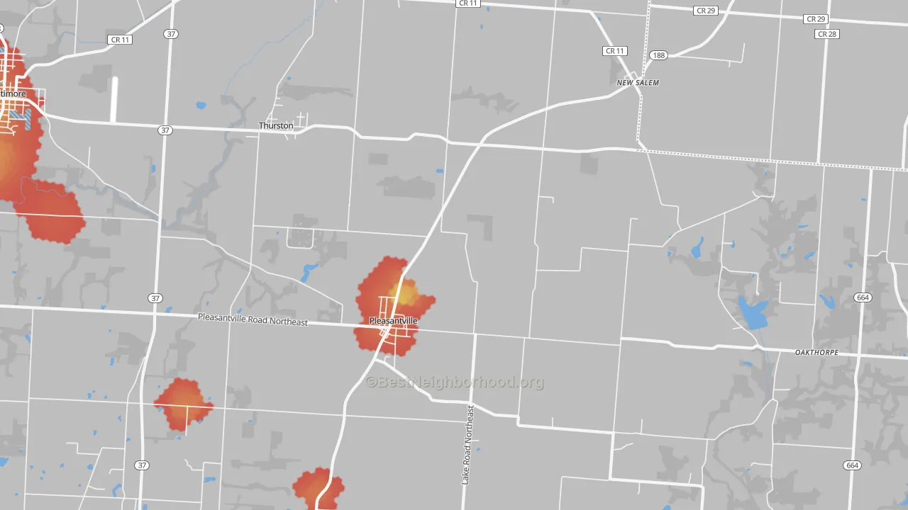 Walk Grade map of 43148, OH, walkable areas in green and car-dependent areas in red