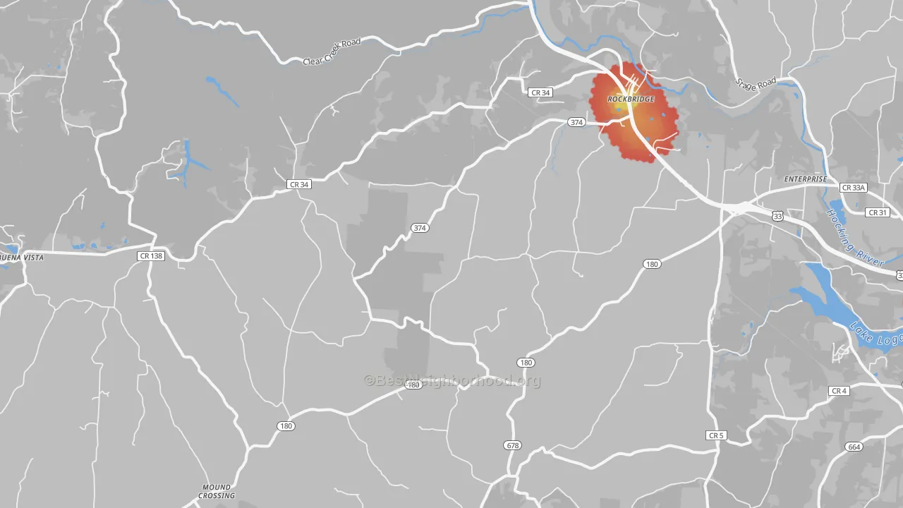 Walk Grade map of 43149, OH, walkable areas in green and car-dependent areas in red