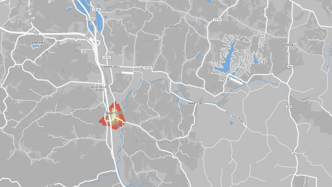 Walk Grade map of 43155, OH, walkable areas in green and car-dependent areas in red