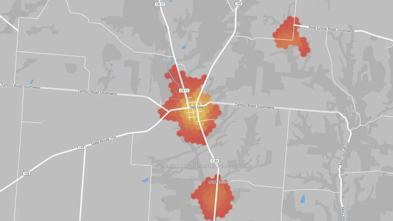 Walk Grade map of 43156, OH, walkable areas in green and car-dependent areas in red