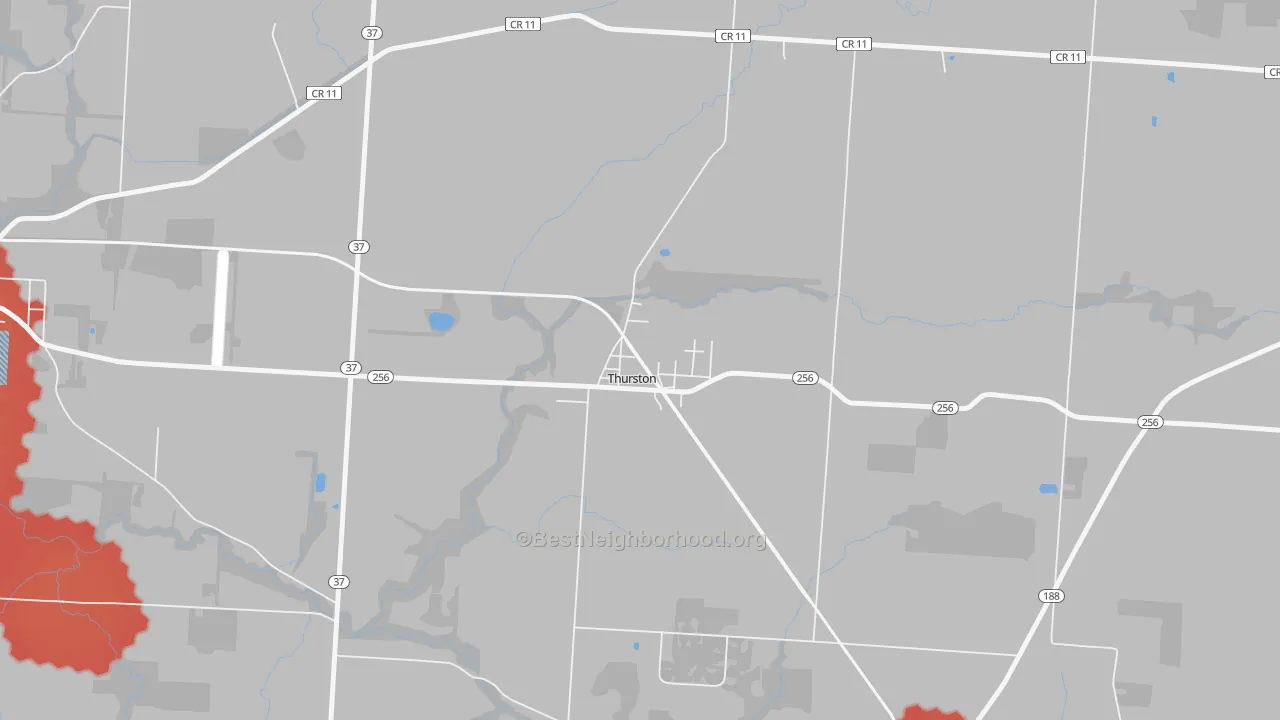 Walk Grade map of 43157, OH, walkable areas in green and car-dependent areas in red