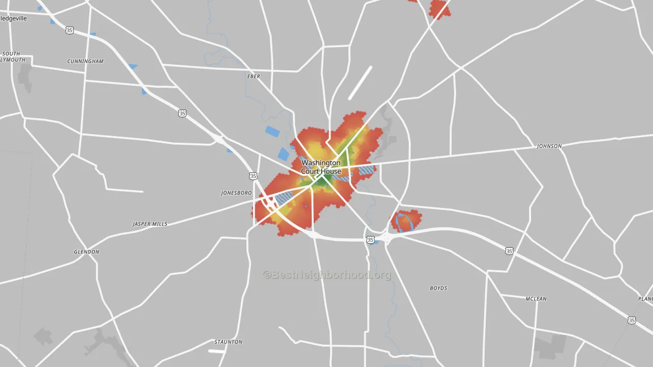 Walk Grade map of 43160, OH, walkable areas in green and car-dependent areas in red