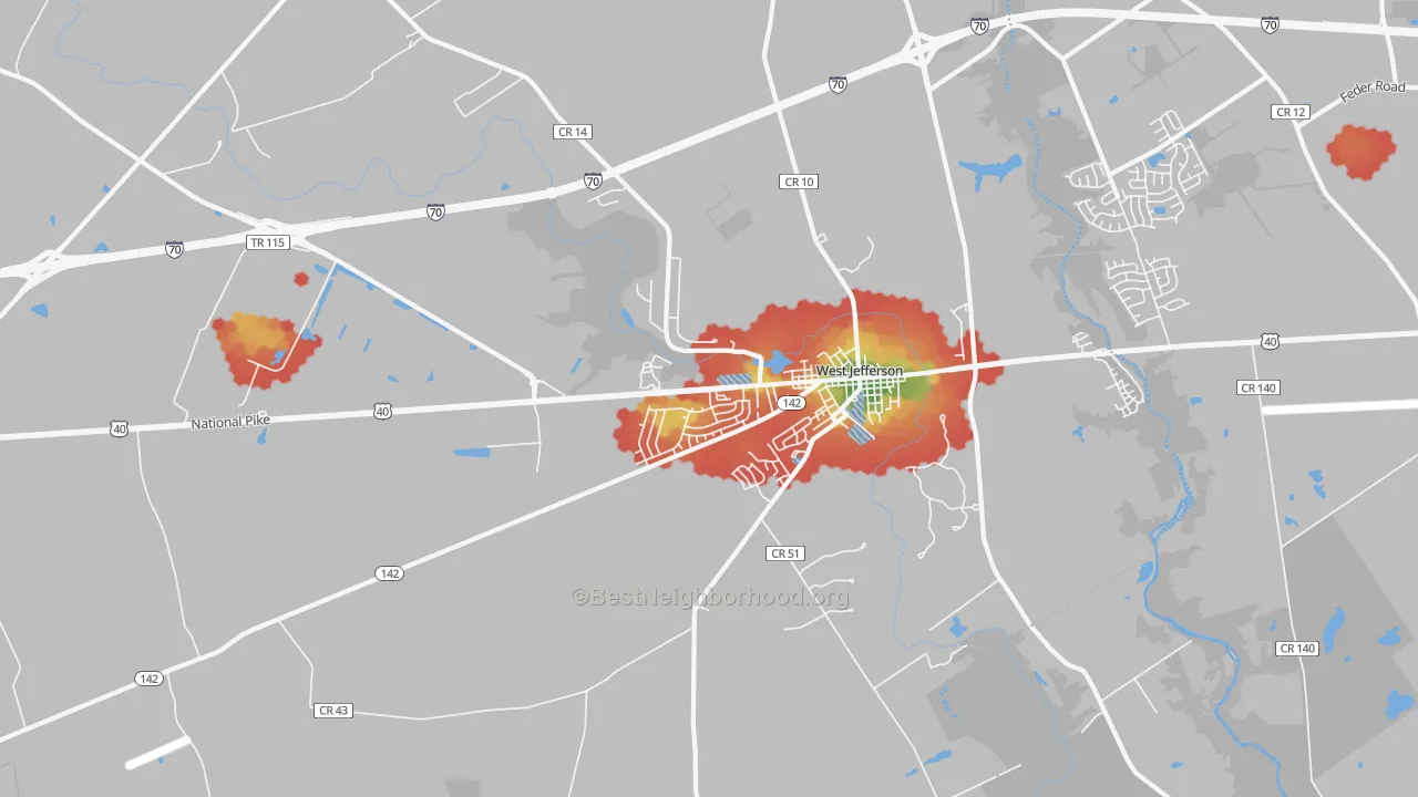 Walk Grade map of 43162, OH, walkable areas in green and car-dependent areas in red