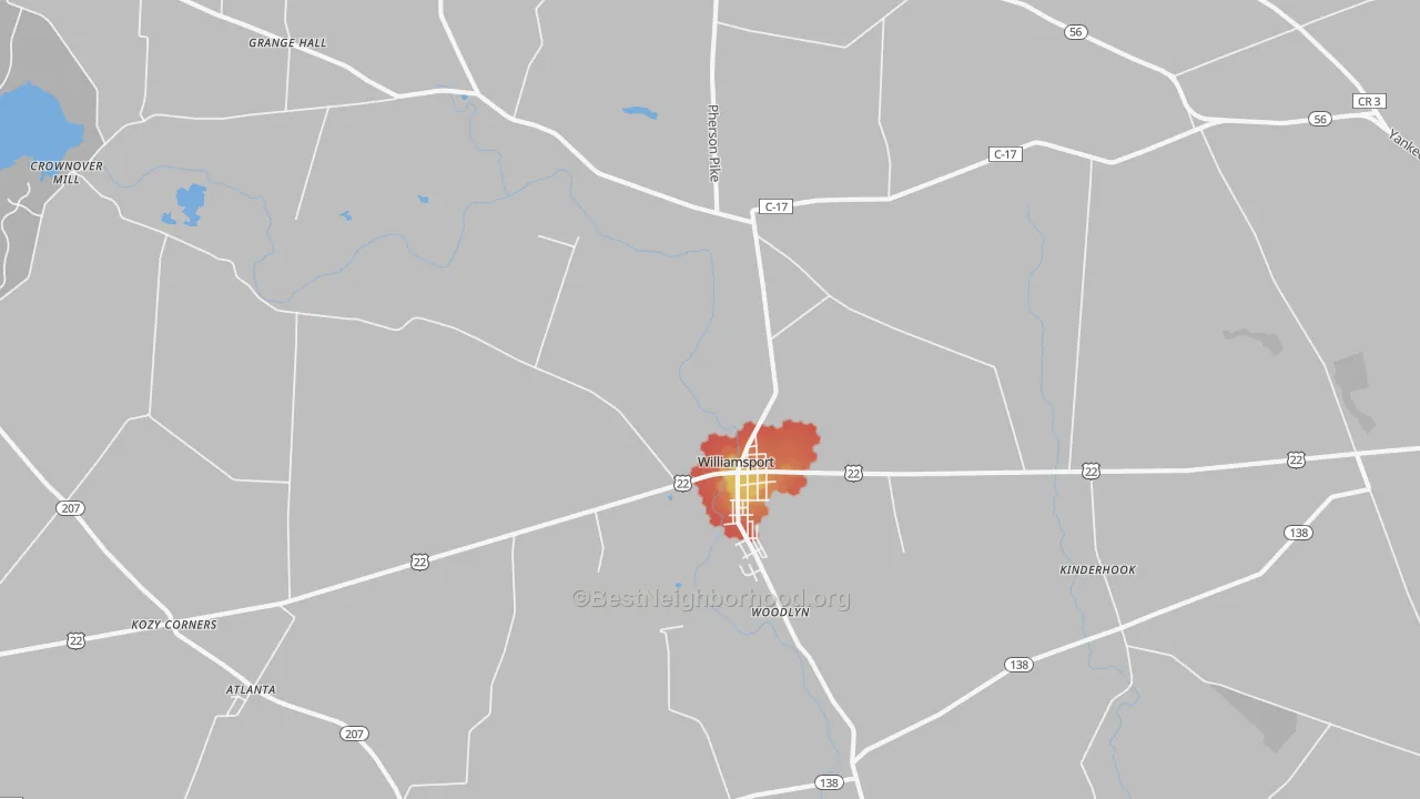 Walk Grade map of 43164, OH, walkable areas in green and car-dependent areas in red