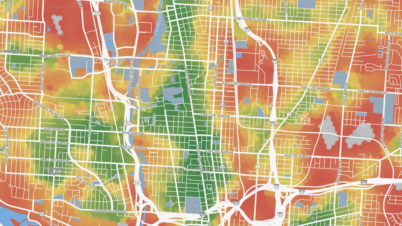 Walk Grade map of 43201, OH, walkable areas in green and car-dependent areas in red