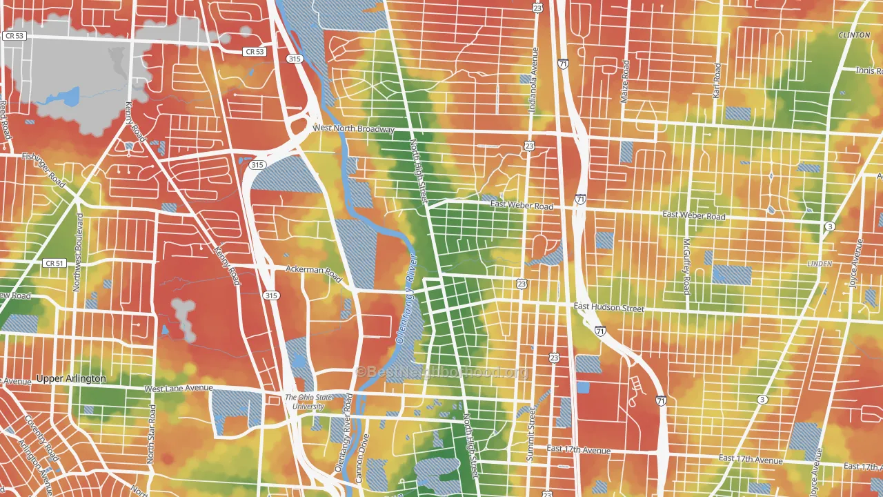 Walk Grade map of 43202, OH, walkable areas in green and car-dependent areas in red