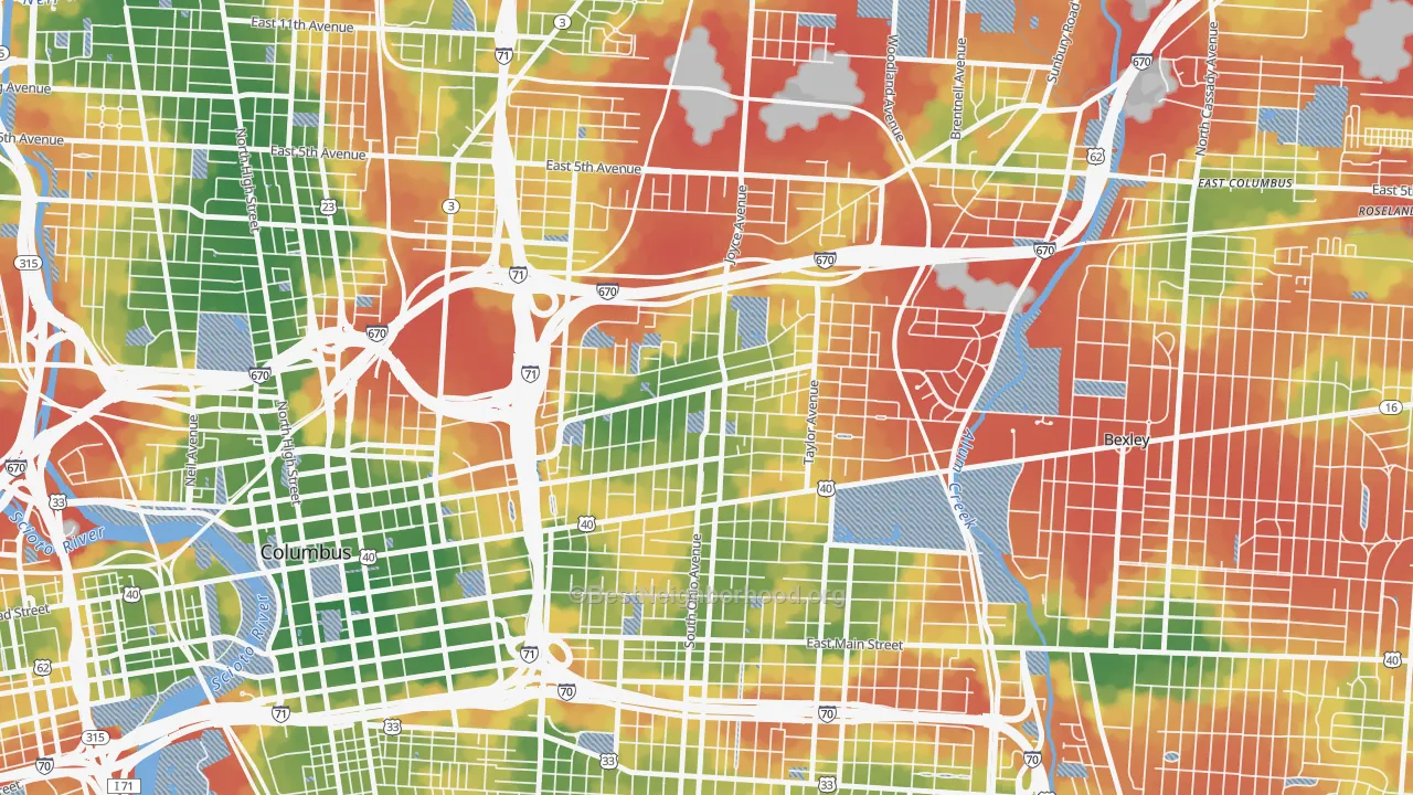 Walk Grade map of 43203, OH, walkable areas in green and car-dependent areas in red
