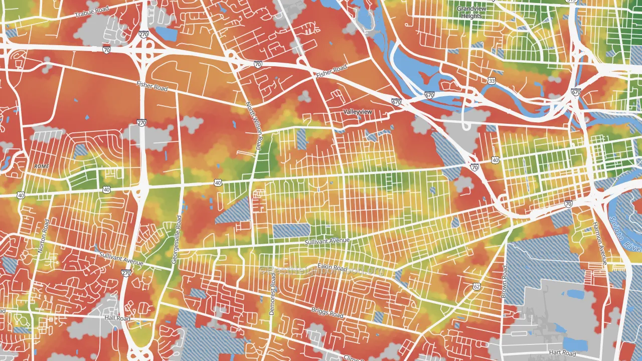 Walk Grade map of 43204, OH, walkable areas in green and car-dependent areas in red