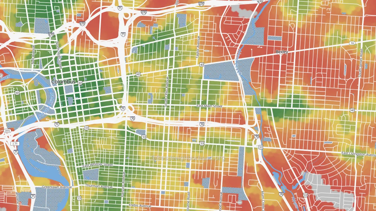 Walk Grade map of 43205, OH, walkable areas in green and car-dependent areas in red
