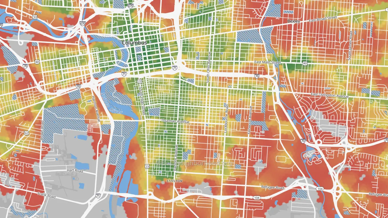 Walk Grade map of 43206, OH, walkable areas in green and car-dependent areas in red