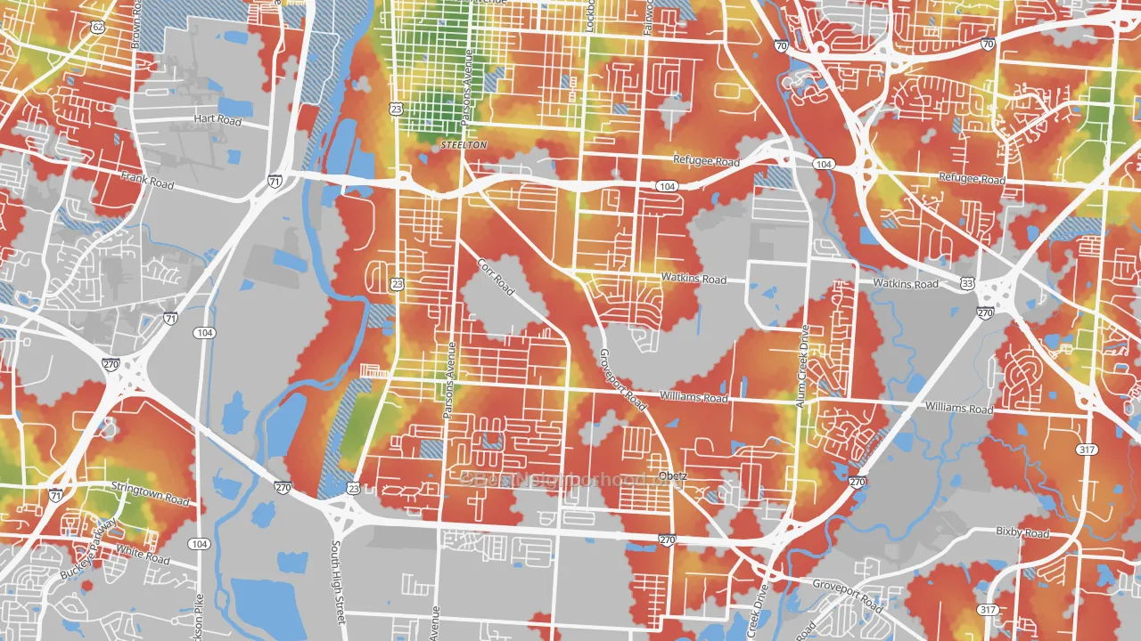 Walk Grade map of 43207, OH, walkable areas in green and car-dependent areas in red