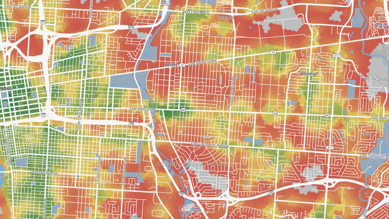 Walk Grade map of 43209, OH, walkable areas in green and car-dependent areas in red