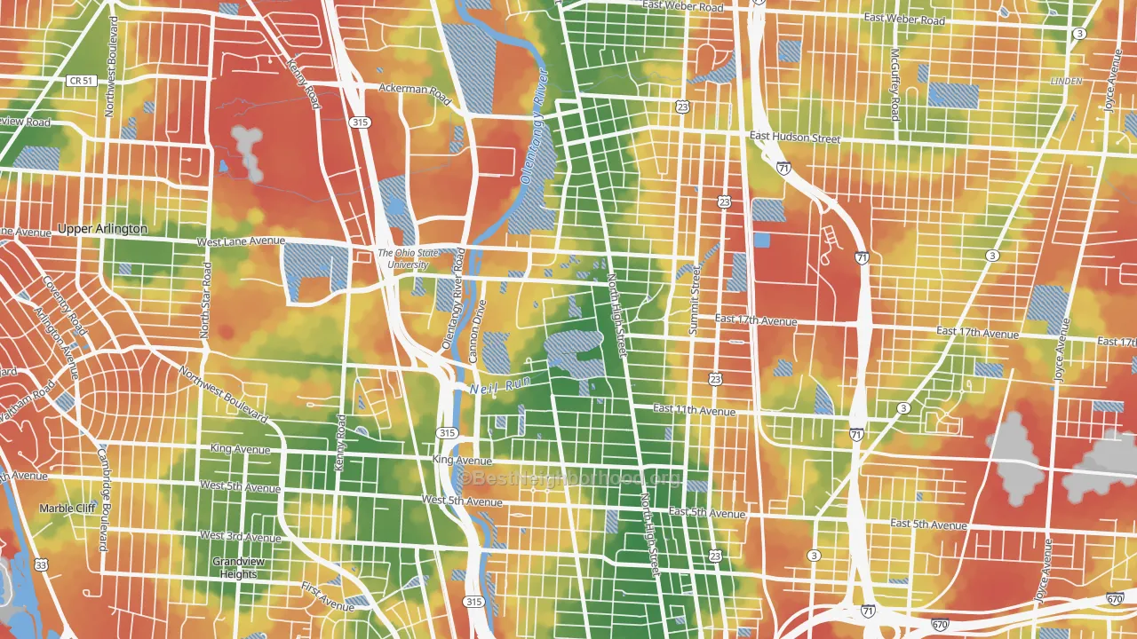 Walk Grade map of 43210, OH, walkable areas in green and car-dependent areas in red