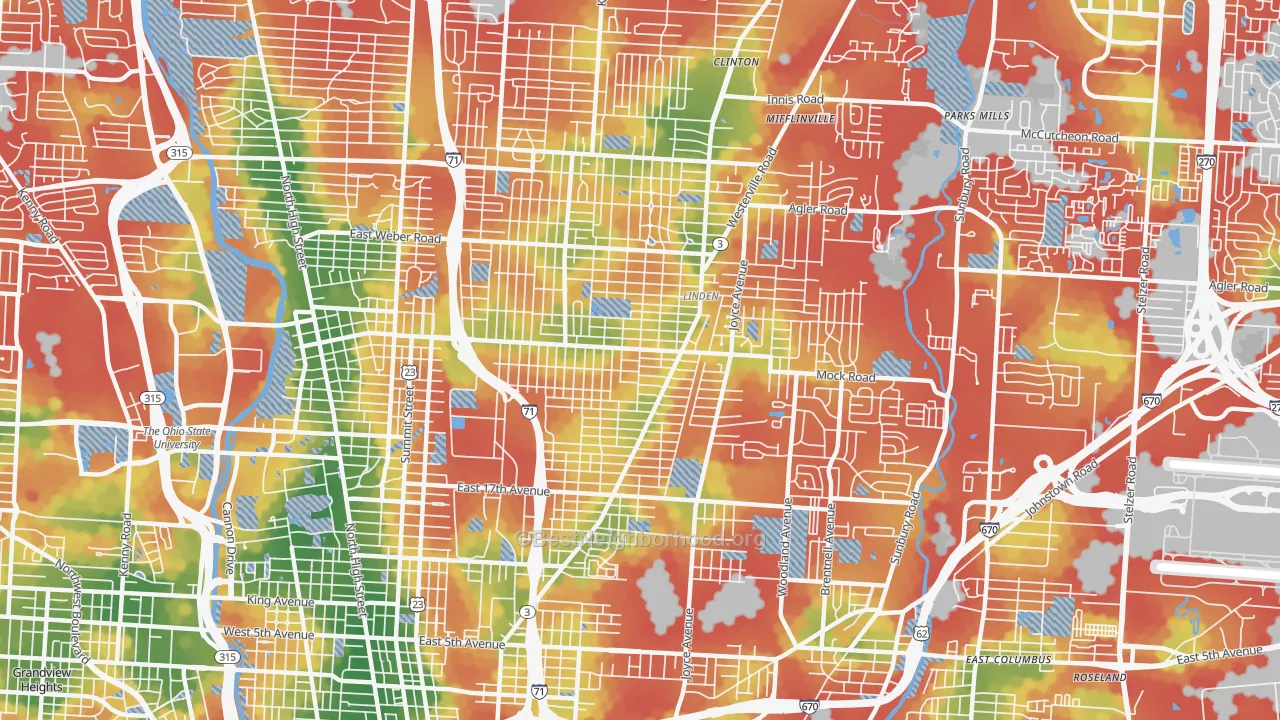 Walk Grade map of 43211, OH, walkable areas in green and car-dependent areas in red