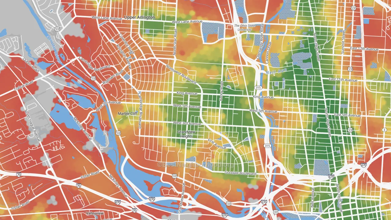Walk Grade map of 43212, OH, walkable areas in green and car-dependent areas in red