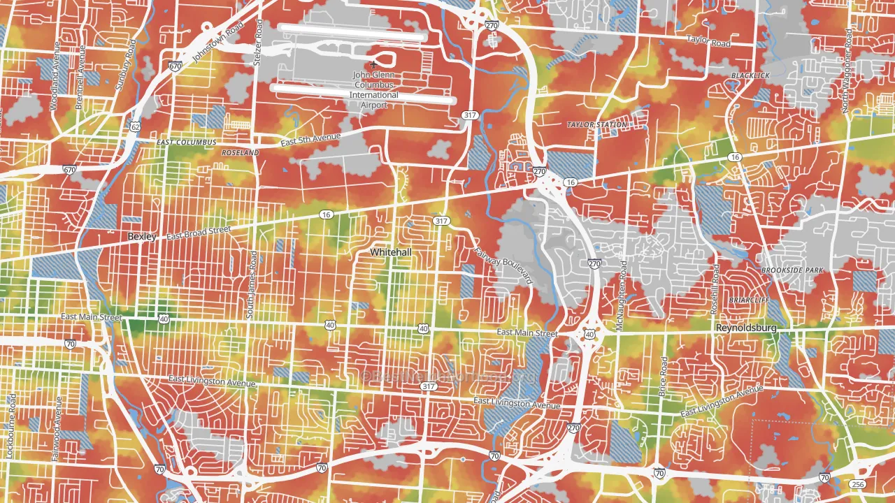Walk Grade map of 43213, OH, walkable areas in green and car-dependent areas in red