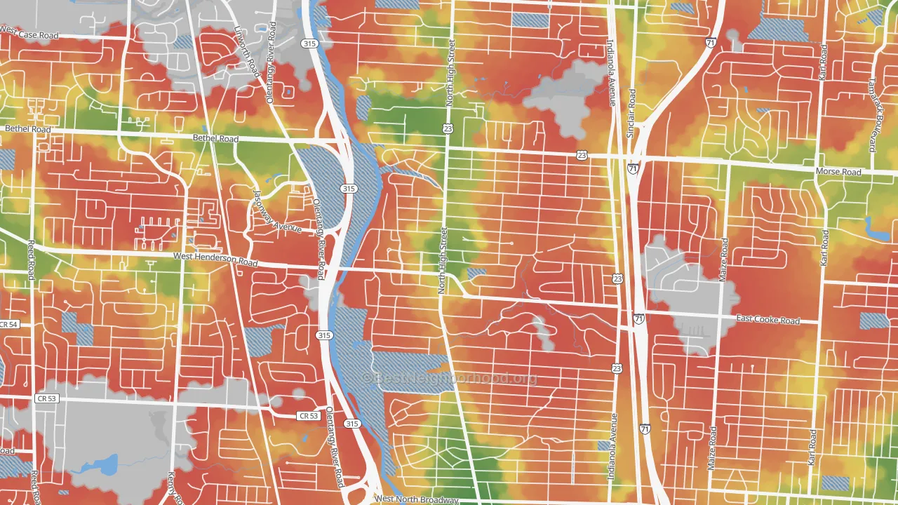Walk Grade map of 43214, OH, walkable areas in green and car-dependent areas in red