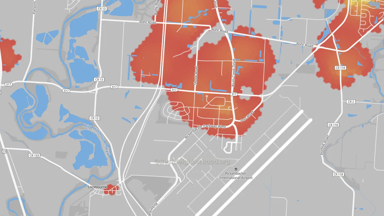 Walk Grade map of 43217, OH, walkable areas in green and car-dependent areas in red