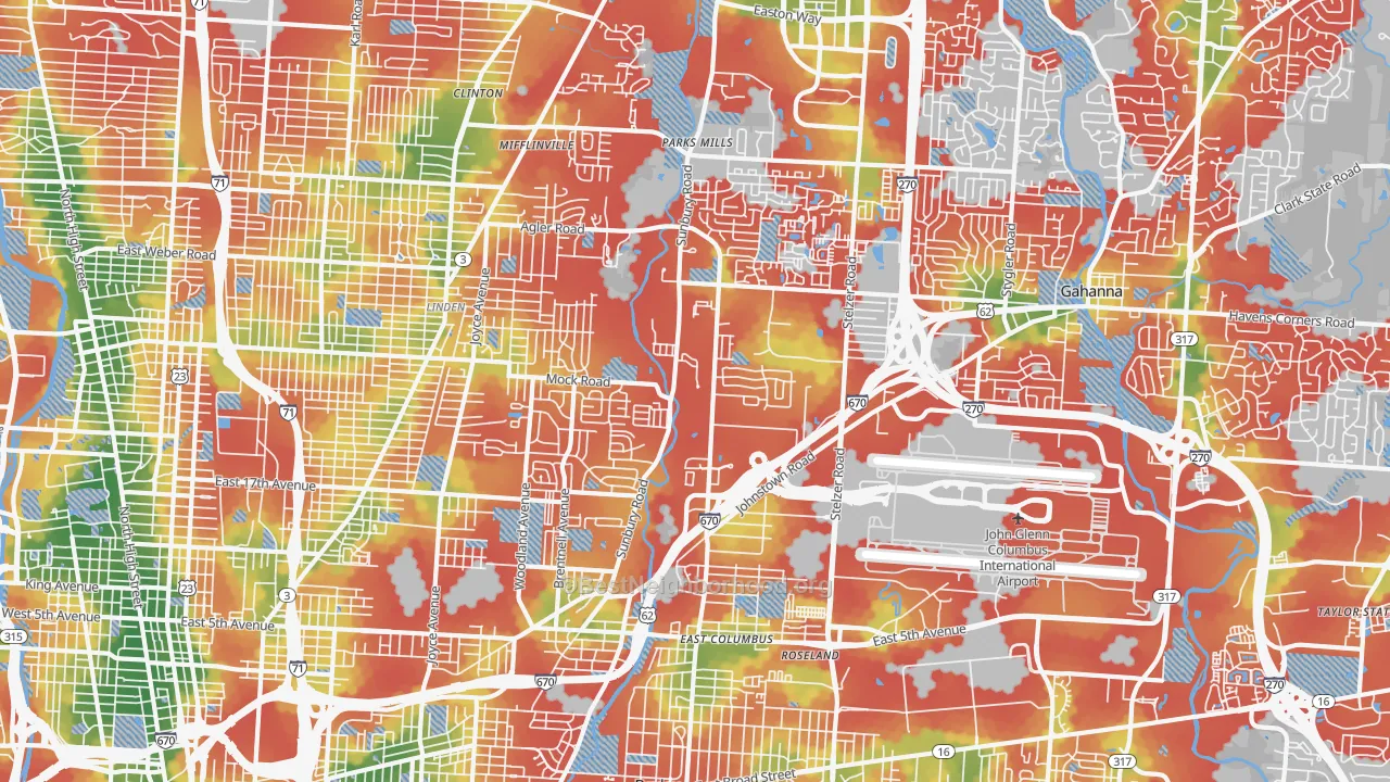 Walk Grade map of 43219, OH, walkable areas in green and car-dependent areas in red