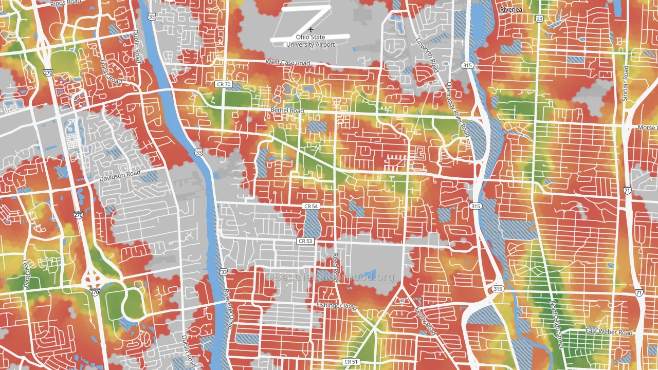 Walk Grade map of 43220, OH, walkable areas in green and car-dependent areas in red
