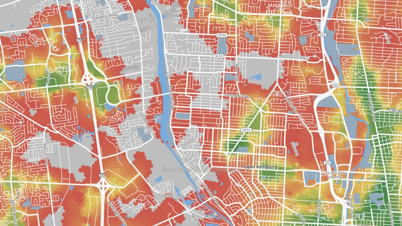 Walk Grade map of 43221, OH, walkable areas in green and car-dependent areas in red