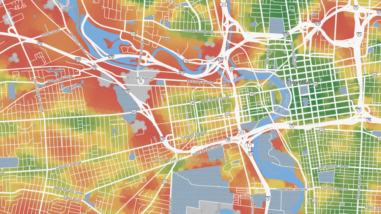 Walk Grade map of 43222, OH, walkable areas in green and car-dependent areas in red
