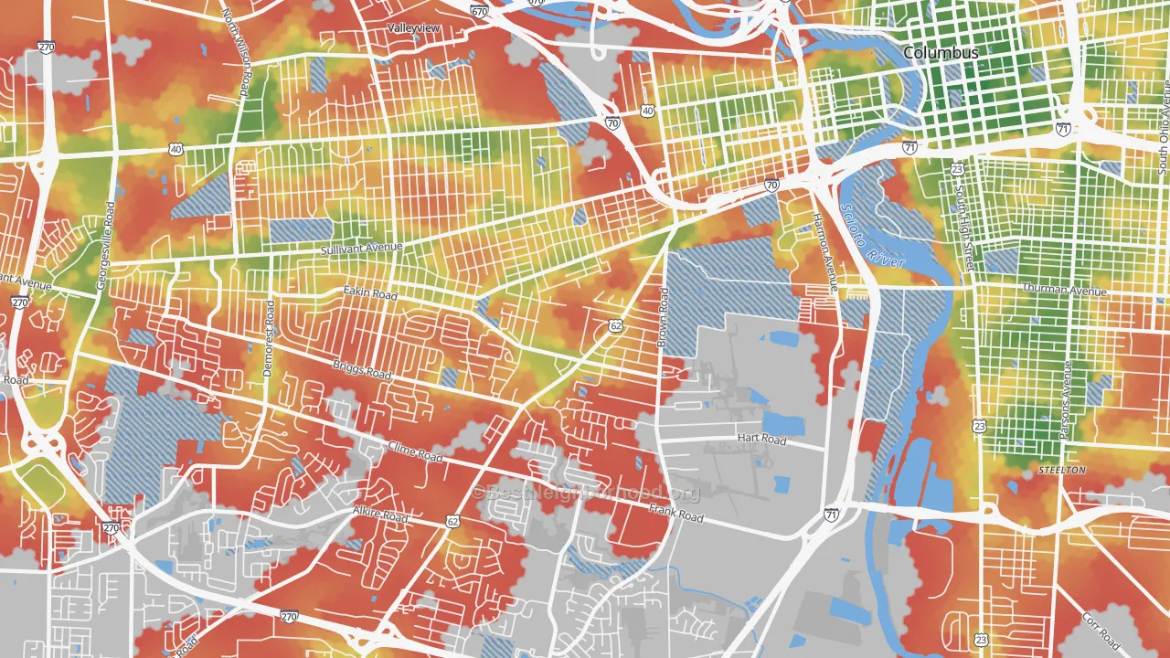 Walk Grade map of 43223, OH, walkable areas in green and car-dependent areas in red