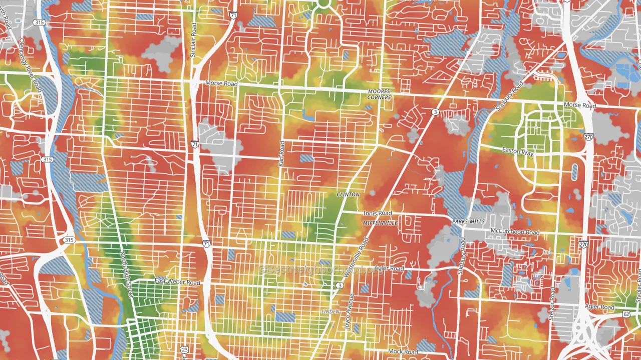 Walk Grade map of 43224, OH, walkable areas in green and car-dependent areas in red