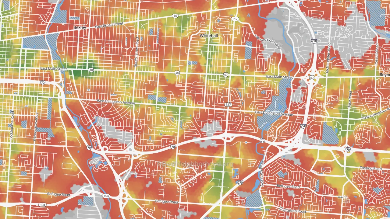 Walk Grade map of 43227, OH, walkable areas in green and car-dependent areas in red