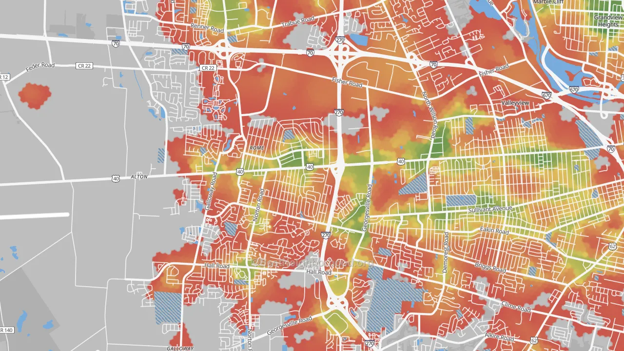 Walk Grade map of 43228, OH, walkable areas in green and car-dependent areas in red