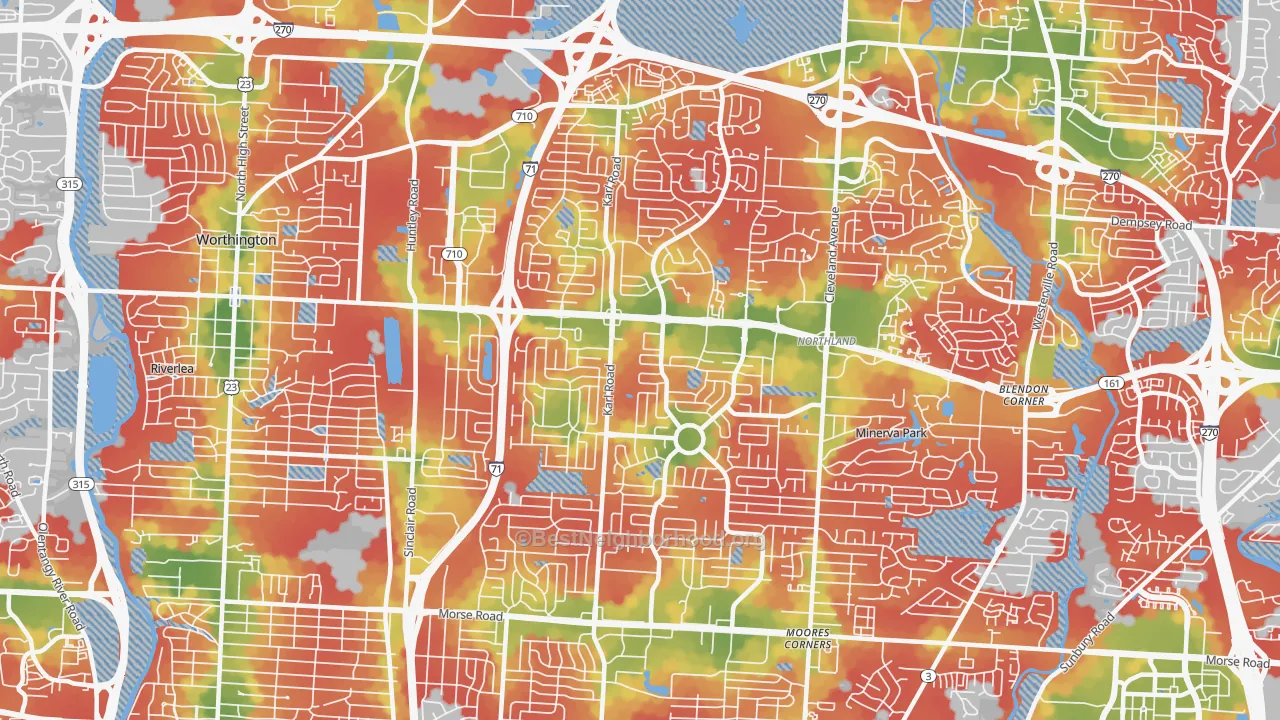 Walk Grade map of 43229, OH, walkable areas in green and car-dependent areas in red