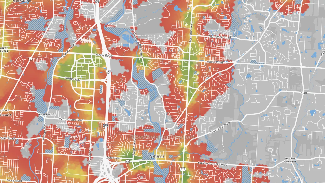 Walk Grade map of 43230, OH, walkable areas in green and car-dependent areas in red