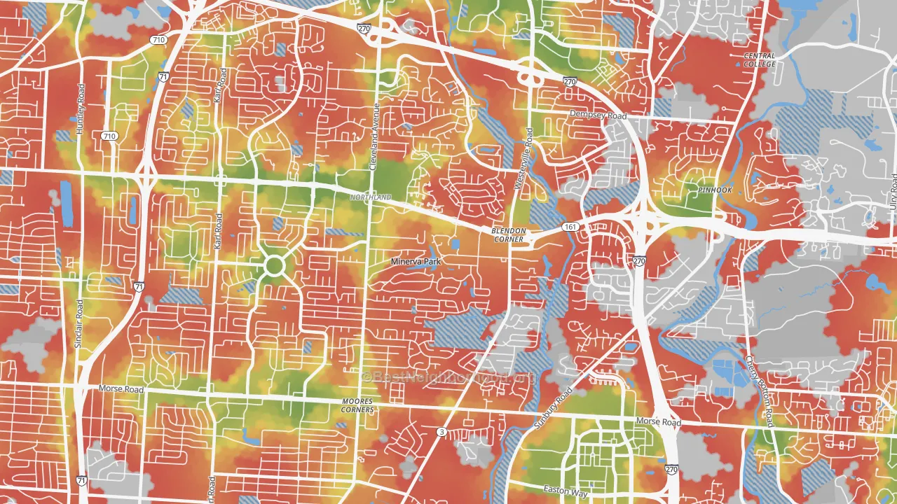 Walk Grade map of 43231, OH, walkable areas in green and car-dependent areas in red