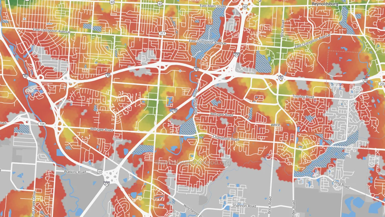 Walk Grade map of 43232, OH, walkable areas in green and car-dependent areas in red