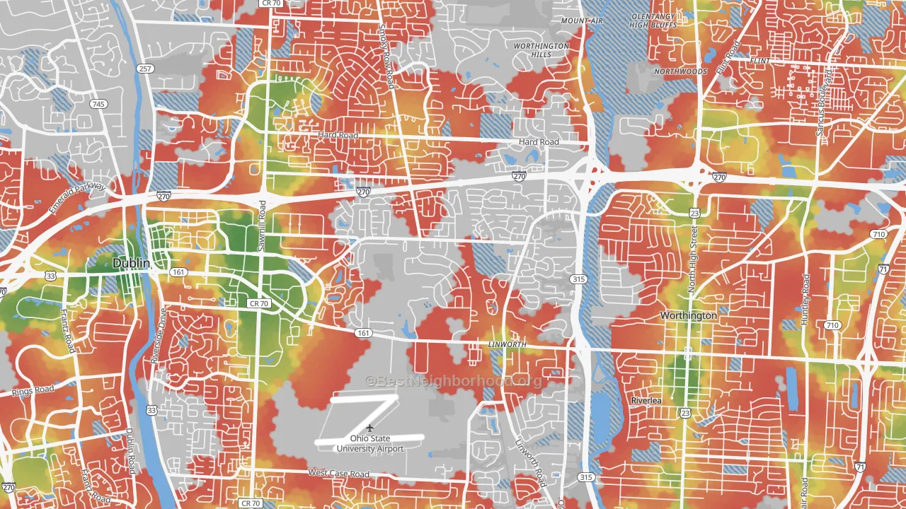 Walk Grade map of 43235, OH, walkable areas in green and car-dependent areas in red