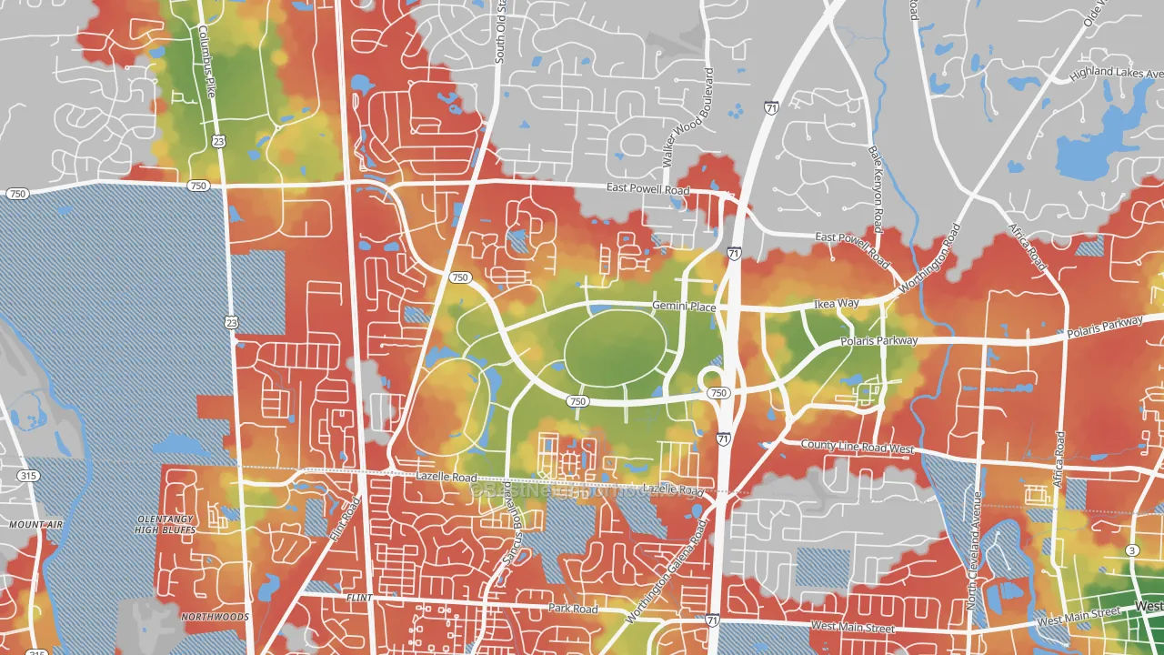 Walk Grade map of 43240, OH, walkable areas in green and car-dependent areas in red