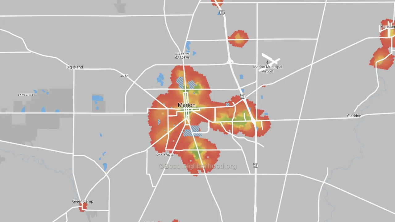 Walk Grade map of 43302, OH, walkable areas in green and car-dependent areas in red